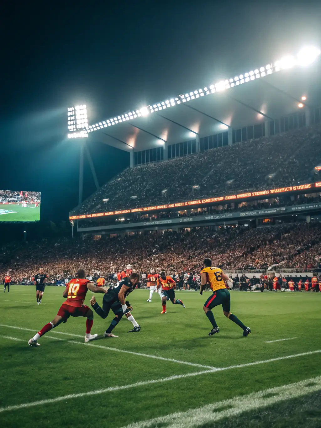 A close-up shot of a football game in action, focusing on the players and the ball, with a stadium full of cheering fans in the background, emphasizing the excitement of sports betting on football at GBET.