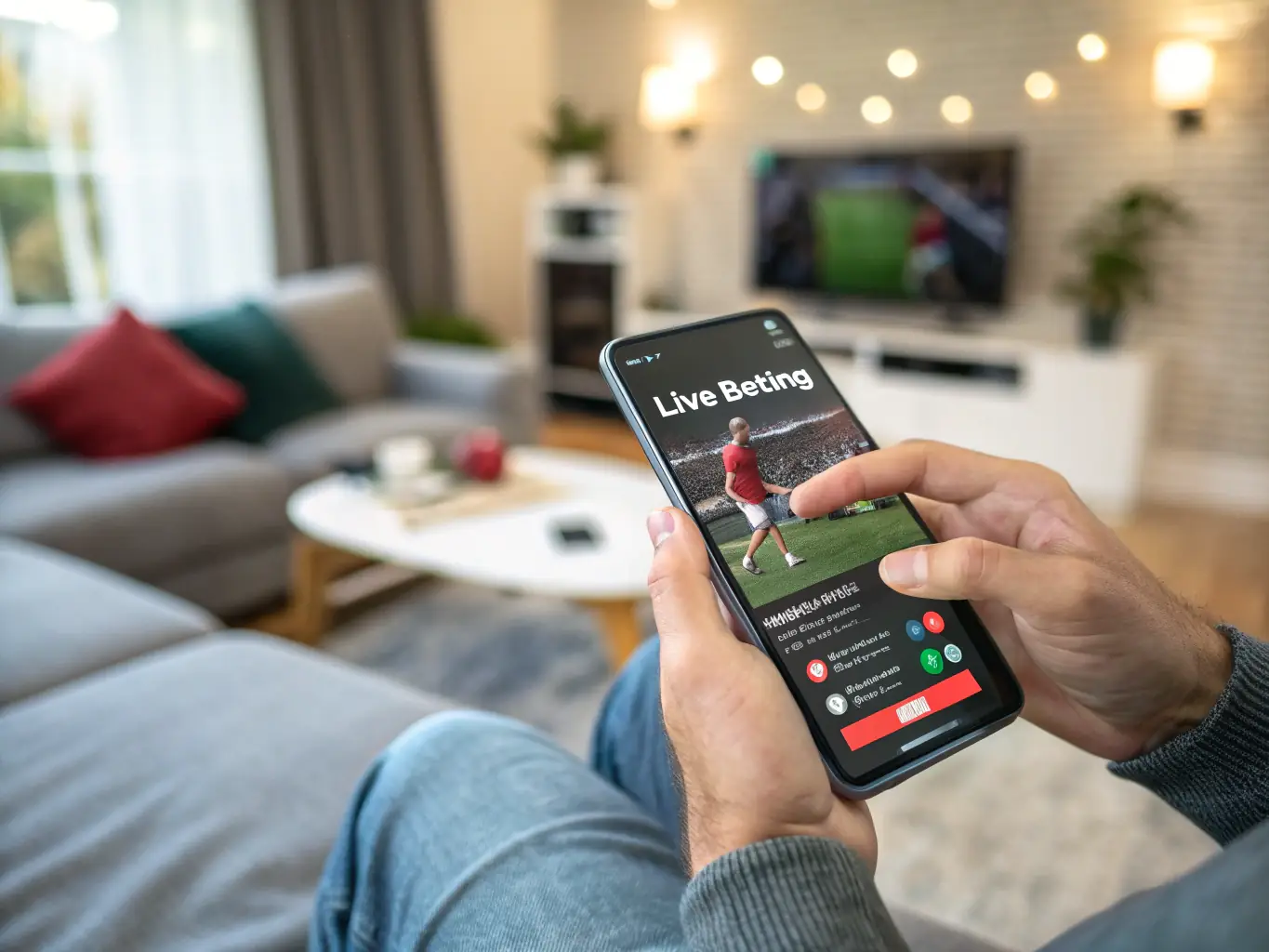 A person is using the GBET app on their smartphone while sitting on a couch, with a TV in the background displaying a live sports event. The app interface shows various betting options and live game scores.