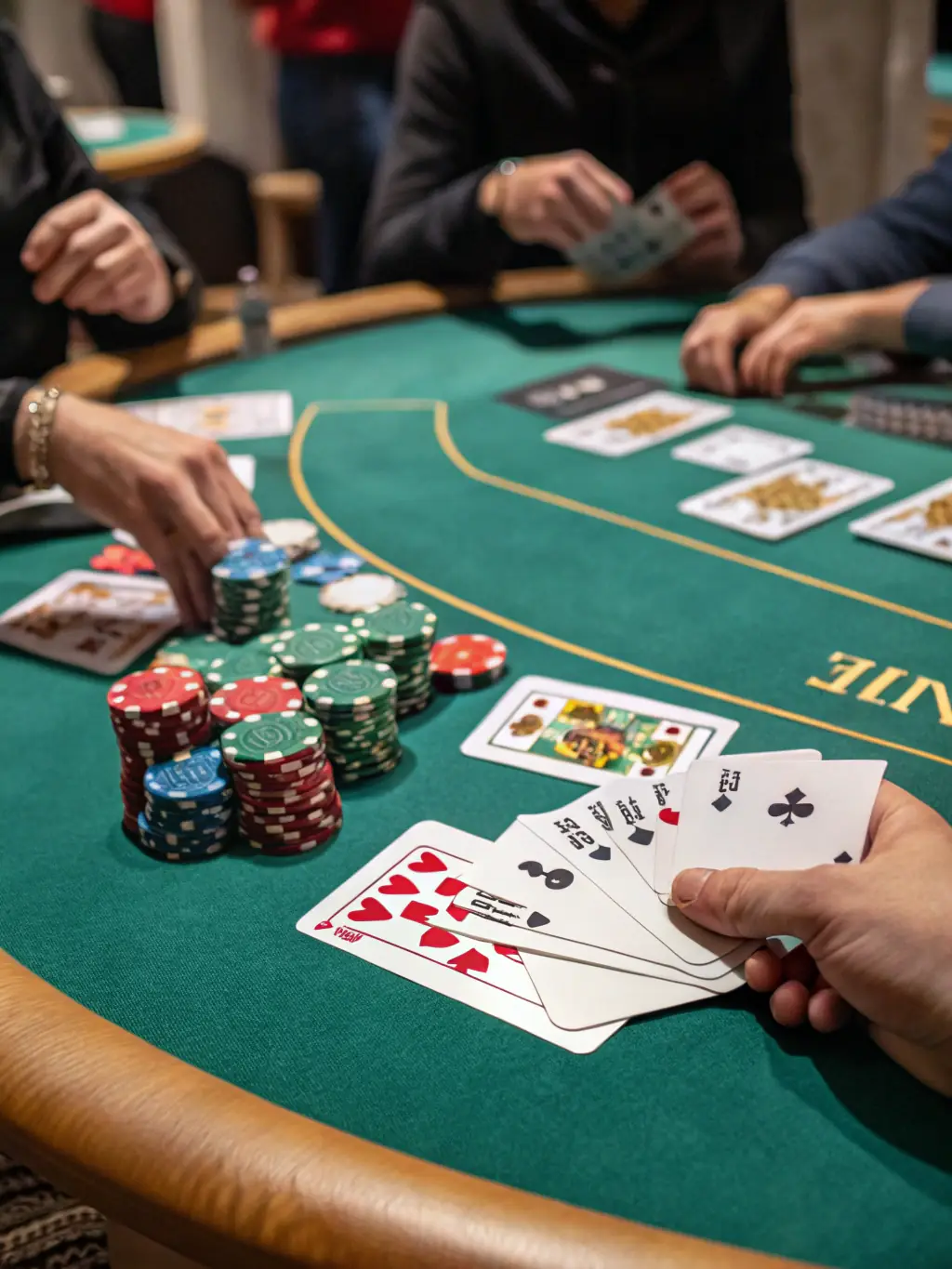 A close-up image of a poker table in GBET's online poker room, showing cards being dealt, chips stacked high, and players engaged in intense gameplay.