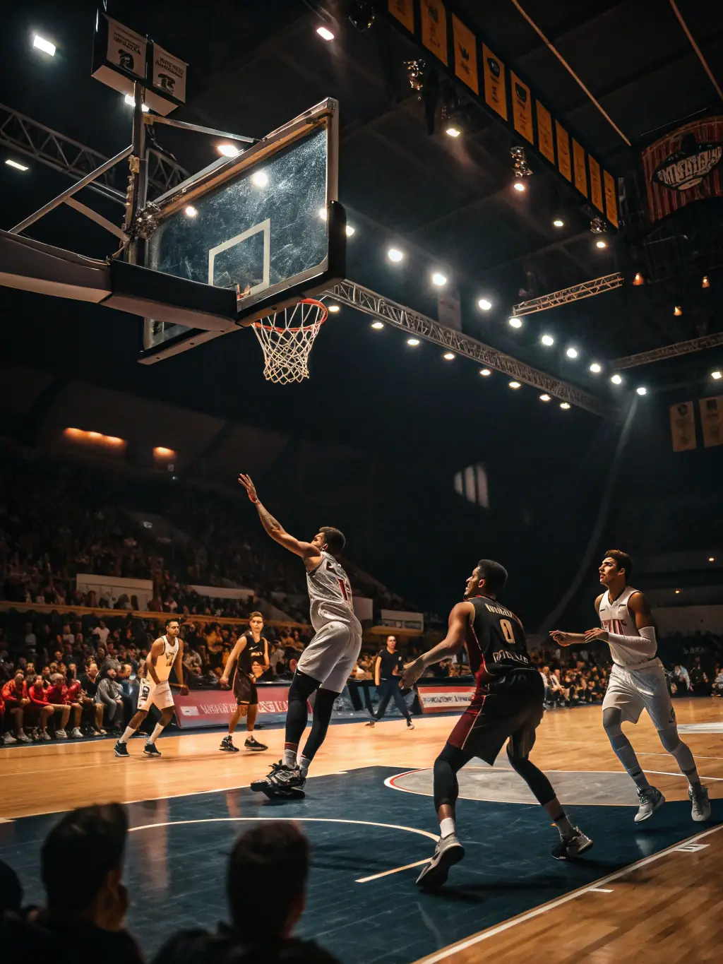 A dynamic image of a basketball game, capturing the intensity of the players and the energy of the crowd, highlighting the diverse basketball betting options available at GBET.