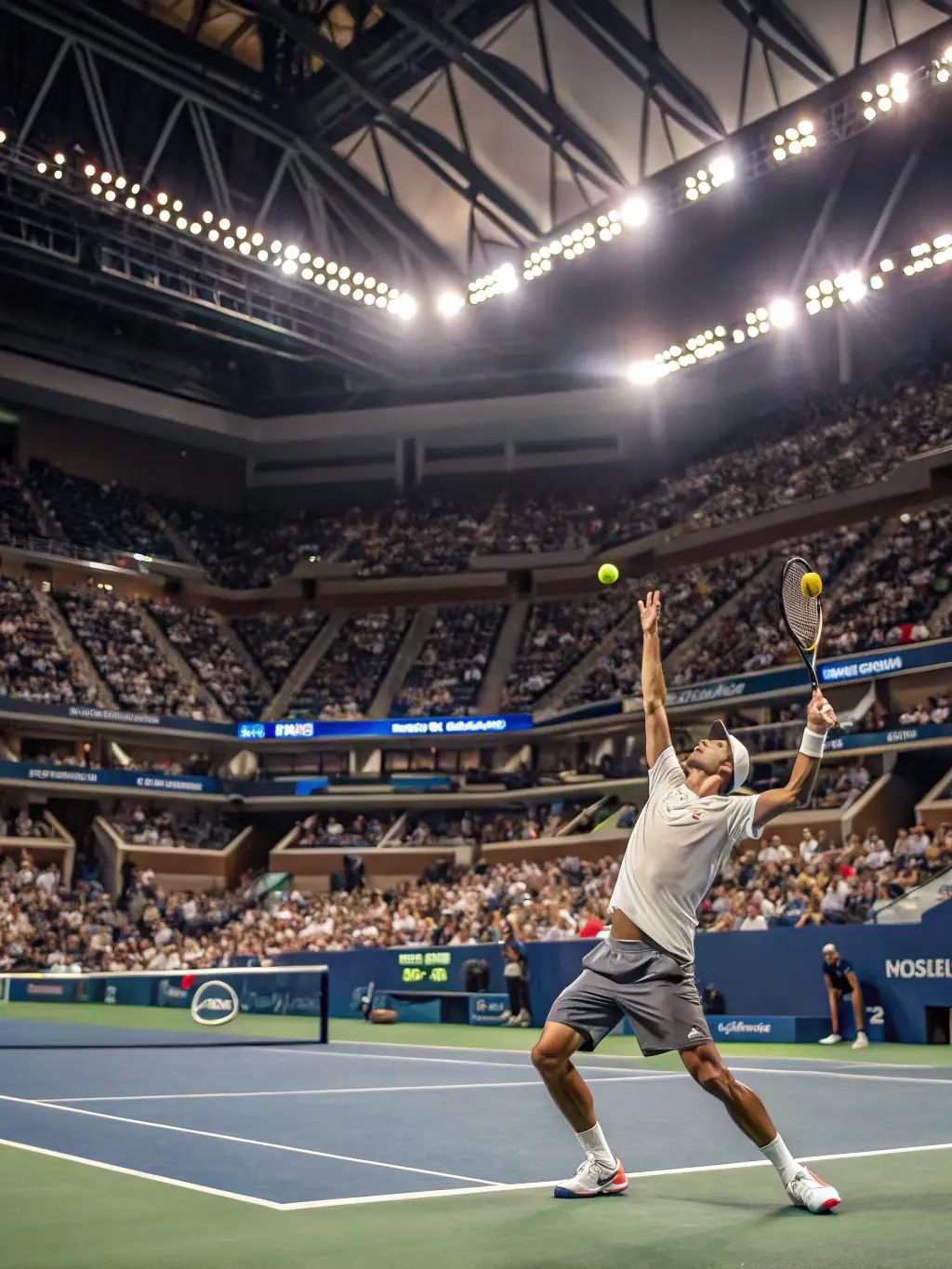 An action shot from a tennis match, showing a player serving the ball with determination, set against a vibrant tennis court backdrop, promoting tennis betting opportunities at GBET.