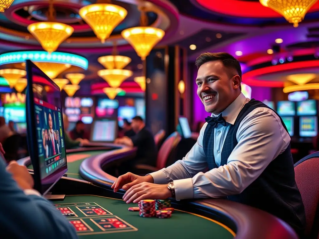 A professional live dealer smiles warmly at the camera while dealing cards in a high-definition live blackjack game at GBET Live Casino, showcasing the real-time interaction and immersive atmosphere.